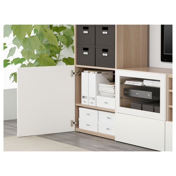 Шкаф для ТВ, комбинированный, стекляные дверцы БЕСТО, под беленый дуб, Сельсвикен глянцевый/белый прозрачное стекло (240x40x230 - фото 3