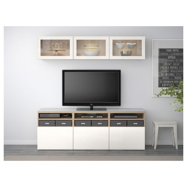 Шкаф для ТВ, комбинированный, стекляные дверцы БЕСТО, под беленый дуб под беленый дуб, Сельсвикен глянцевый/белый прозрачное - фото 2