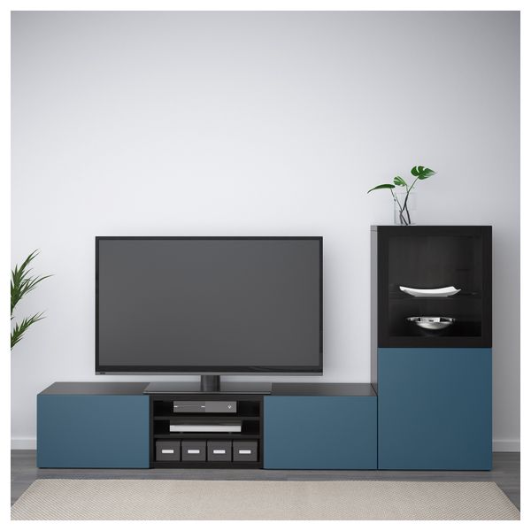 Шкаф для ТВ, комбинированный, стекляные дверцы БЕСТО, черно-коричневый Вальвикен, темно-синий прозрачное стекло (240x40x128 см) - фото 2