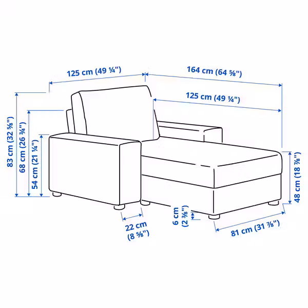 VIMLE Козетка - с широкими подлокотниками/Hallarp бежевый - схема-чертеж с размерами
