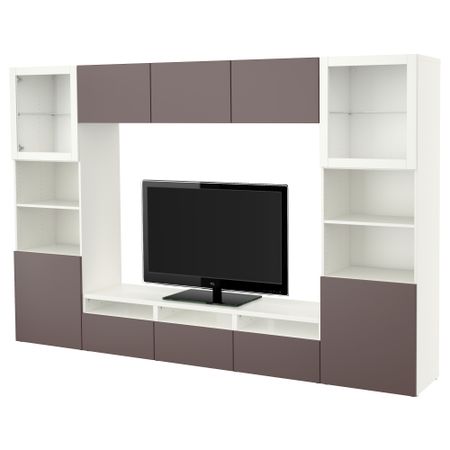 Шкаф для ТВ, комбинированный, стекляные дверцы БЕСТО, белый, Вальвикен темно-коричневый, прозрачное стекло (300x40x192 см)