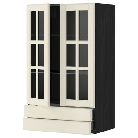 Навесной шкаф, 2 стеклянные дверцы, 2 ящика МЕТОД / МАКСИМЕРА, черный, Будбин белый с оттенком