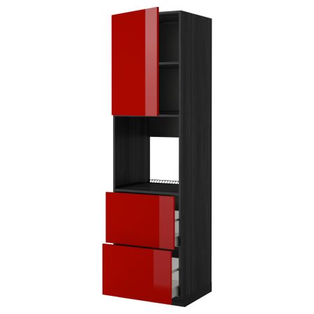 Высокий шкаф для духовки + дверца, 2 форнтальных, 2 высоких ящик МЕТОД / МАКСИМЕРА, черный, Рингульт красный
