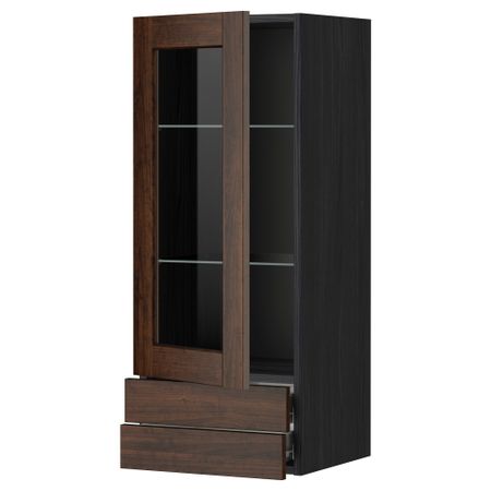 Навесной шкаф, стеклянная дверца, 2 ящика МЕТОД / ФОРВАРА, черный, Эдсерум коричневый