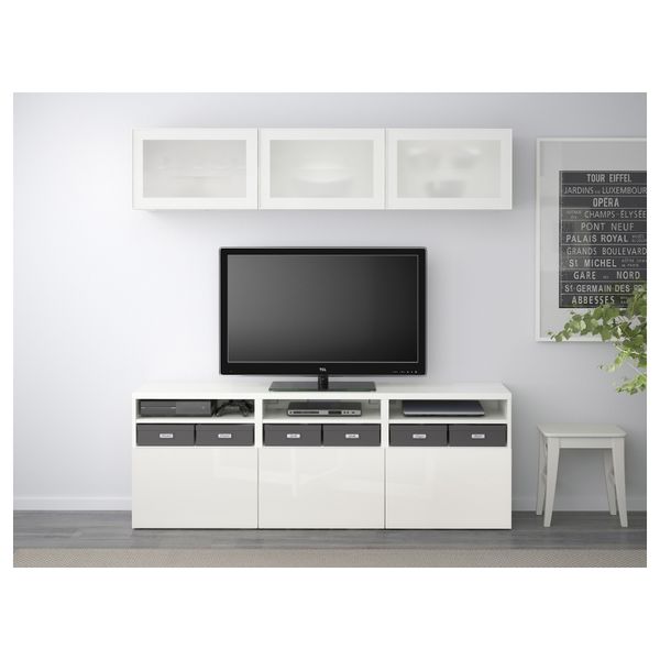 Шкаф для ТВ, комбинированный, стекляные дверцы БЕСТО, белый, Сельсвикен глянцевый/белый матовое стекло (180x40x192 см) - фото 2