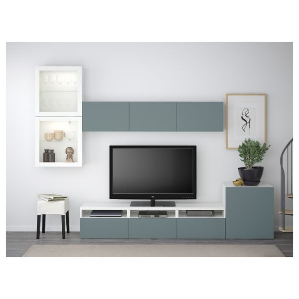 Шкаф для ТВ, комбинированный, стекляные дверцы БЕСТО, белый, Вальвикен серо-бирюзовый, прозрачное стекло (300x20/40x211 см) - фото 2