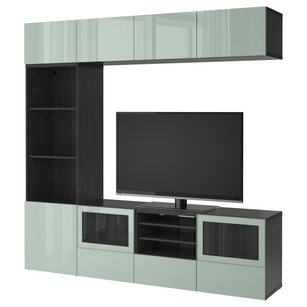 Шкаф для ТВ, комбинированный, стекляные дверцы БЕСТО, черно-коричневый Сельсвикен, глянцевый/серо-зеленый светлый прозрачное - фото 1