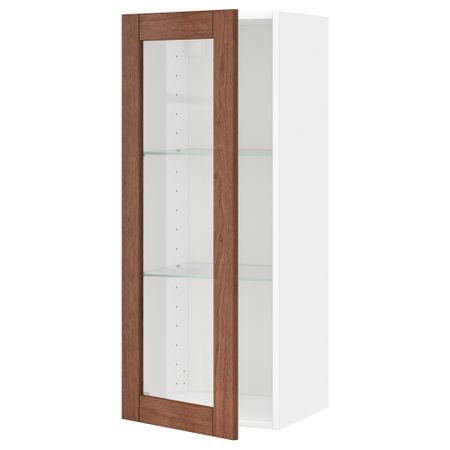 Навесной шкаф с полками, стекляными дверцы МЕТОД, белый, Филипстад коричневый