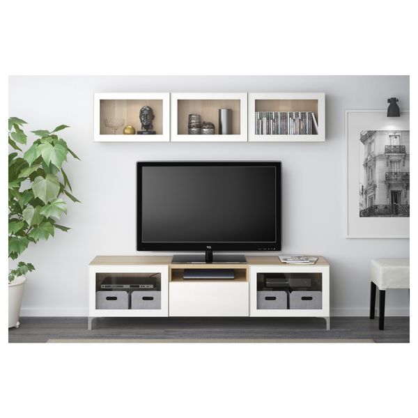 Шкаф для ТВ, комбинированный, стекляные дверцы БЕСТО, под беленый дуб, Сельсвикен глянцевый/белый прозрачное стекло - фото 2