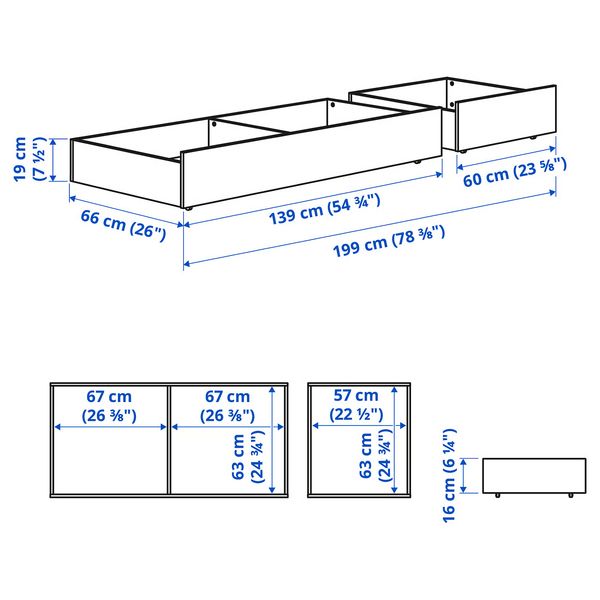 HEMNES Кроватный ящик, 2 шт. - белая морилка 200 см - схема-чертеж с размерами