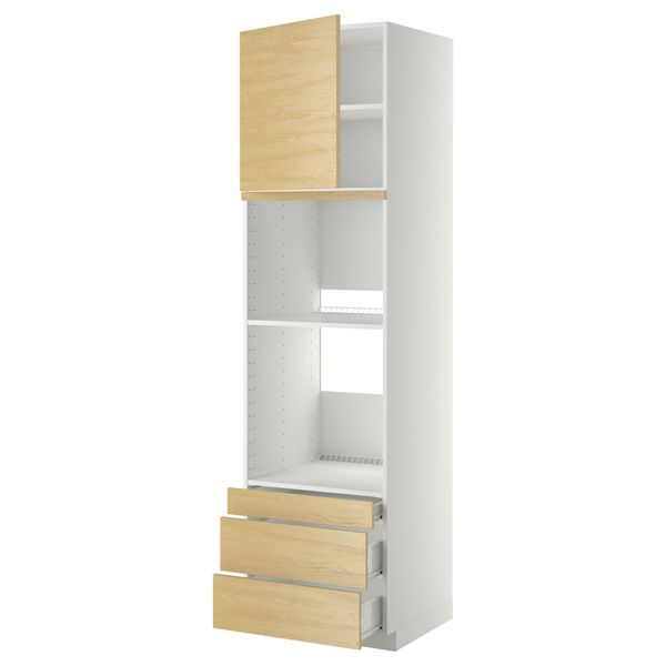 Высокий шкаф для духовки комбинированный, духовка + дверца, 3 ящика МЕТОД / ФОРВАРА, белый, Тингсрид береза - фото 1