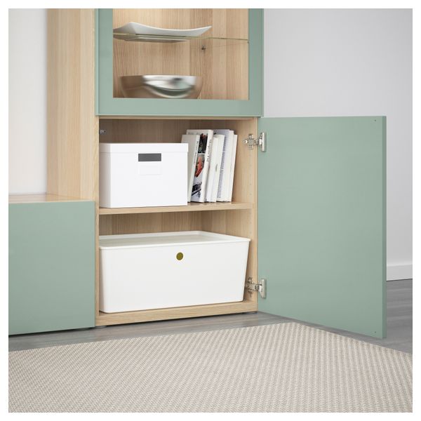 Шкаф для ТВ, комбинированный, стекляные дверцы БЕСТО, под беленый дуб Сельсвикен, глянцевый/серо-зеленый светлый прозрачное - фото 3