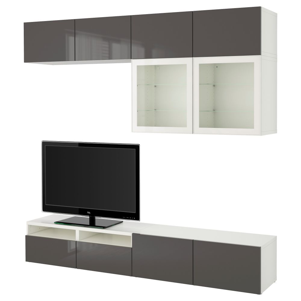 Шкаф для ТВ, комбинированный, стекляные дверцы БЕСТО, белый, Сельсвикен глянцевый/серый прозрачное стекло (240x40x230 см) - фото 1