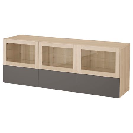 Тумба под ТВ, с дверцами и ящиками БЕСТО, под беленый дуб Грундсвикен, темно-серый прозрачное стекло (180x40x64 см)