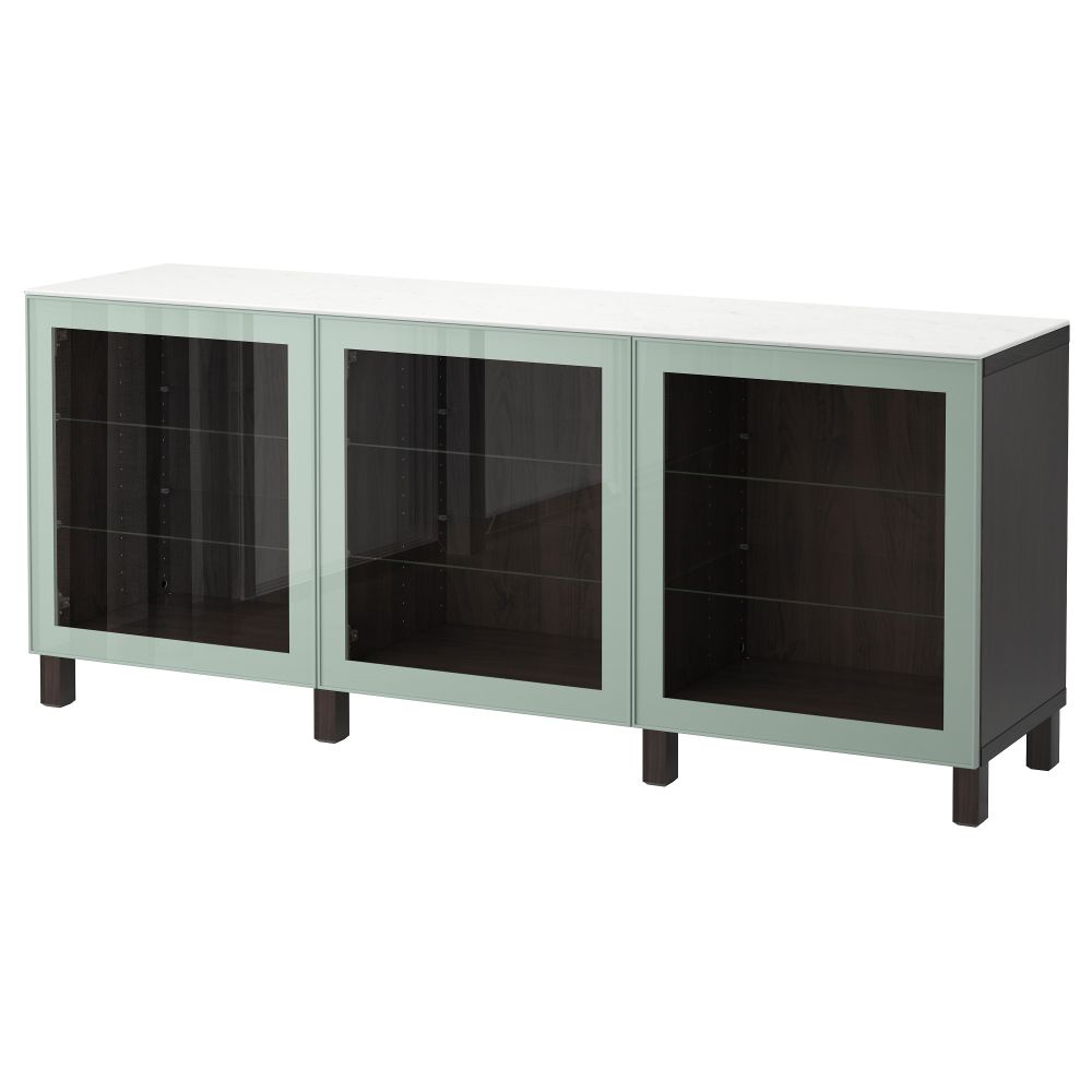 Комбинация для хранения с дверцами БЕСТО, черно-коричневый Глассвик, глянцевый/серо-зеленый светлый прозрачное стекло (180x42x74 - фото 1