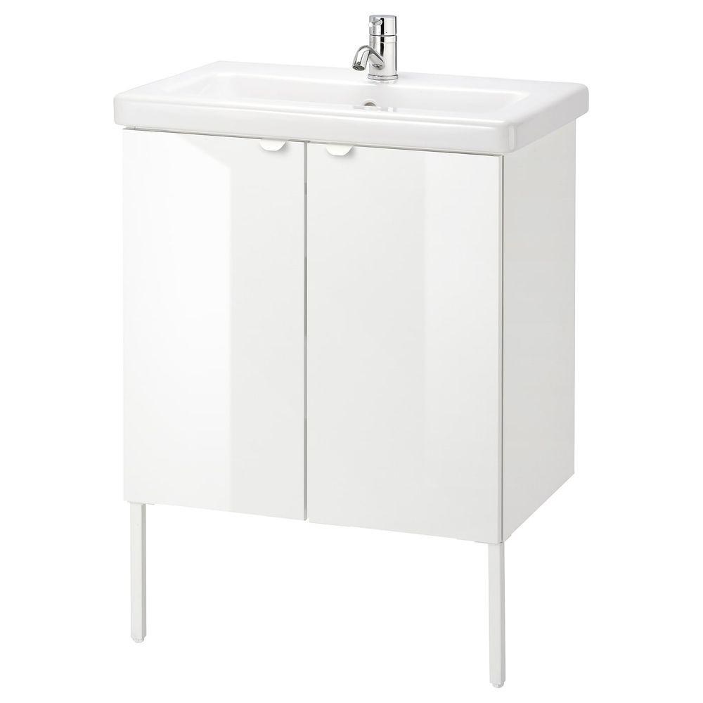 Шкаф под раковину с 2 дверец, глянцевый белый/ПИЛКОН смеситель 64x43x88 см IKEA FISKÅN ФИСКОН / TVÄLLEN ТВЭЛЛЕН 394.304.38 - фото 1