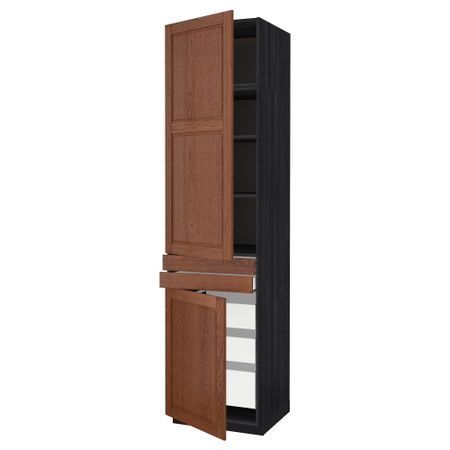 Высокий шкаф + полки, 5 ящиков, 2 дверцы, 2 фронтальных МЕТОД / МАКСИМЕРА, черный, Филипстад коричневый