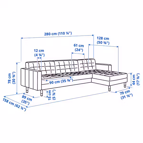 LANDSKRONA 4-местный диван - схема-чертеж с размерами