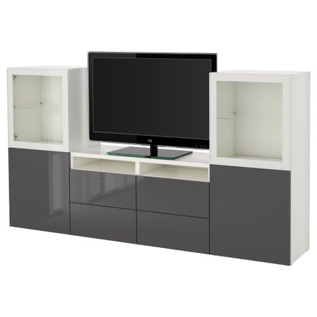 Шкаф для ТВ, комбинированный, стекляные дверцы БЕСТО, белый, Сельсвикен глянцевый/серый прозрачное стекло (240x40x128 см)
