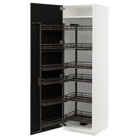 METOD Высокий шкаф с выдвижным модулем - белый/Nickebo матовый антрацит 60x60x200 см