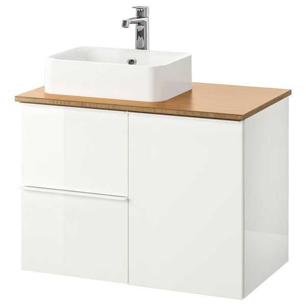 Шкаф с раковиной 45x32 см ГОДМОРГОН/ТОЛКЕН / ХОРВИК, глянцевый белый, бамбук (82x49x72 см) - схема-чертеж с размерами