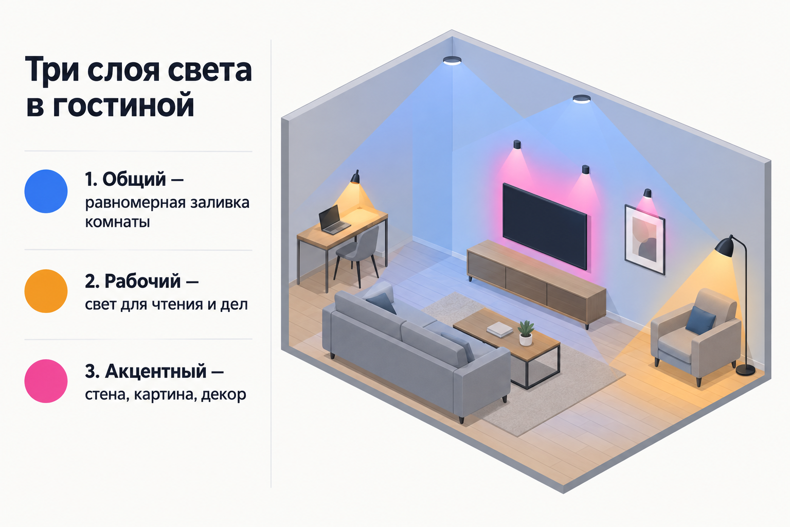 Изометрическая схема гостиной: общий свет заливает комнату, рабочий освещает кресло, акцентный подсвечивает стену за ТВ