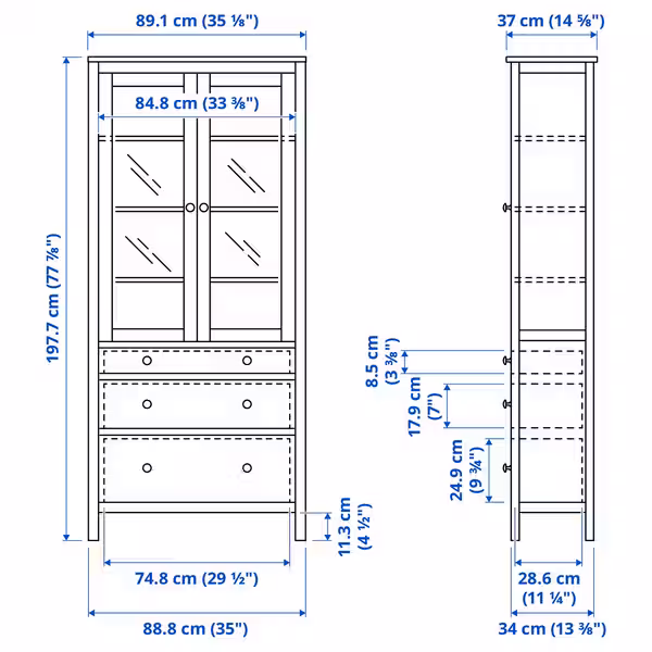 HEMNES Шкаф-витрина с 3 ящиками - схема-чертеж с размерами