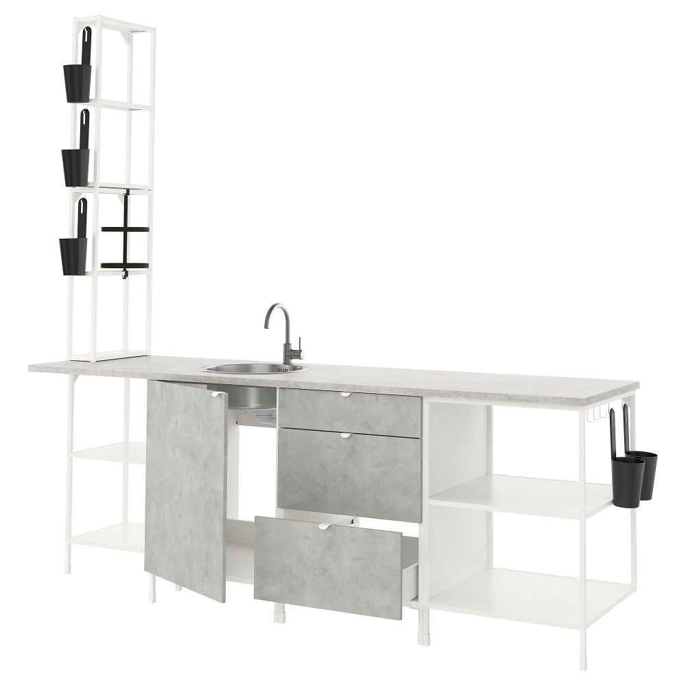 Кухня, 243x63.5x241 см, белый, под бетон IKEA BEGIVENHET БЕГИВЕНХЕТ 893.381.83 - фото 1