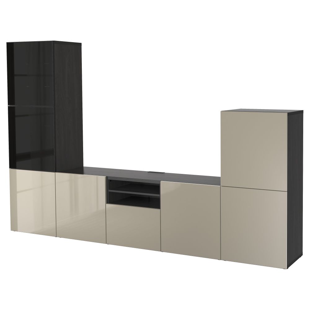 Шкаф для ТВ, комбинированный, стекляные дверцы БЕСТО, черно-коричневый, Сельсвикен глянцевый/бежевый/дымчатое стекло (300x40x192 - фото 1