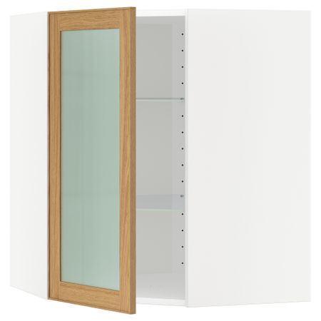 Угловой навесной шкаф с полками, стекляными дверцами МЕТОД, белый, Экестад дуб