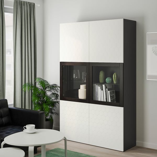 Комбинация для хранения + стеклянная дверц, черно-коричневый/вассвикен белый прозрачное стекло 120x40x192 см IKEA БЕСТО - фото 2