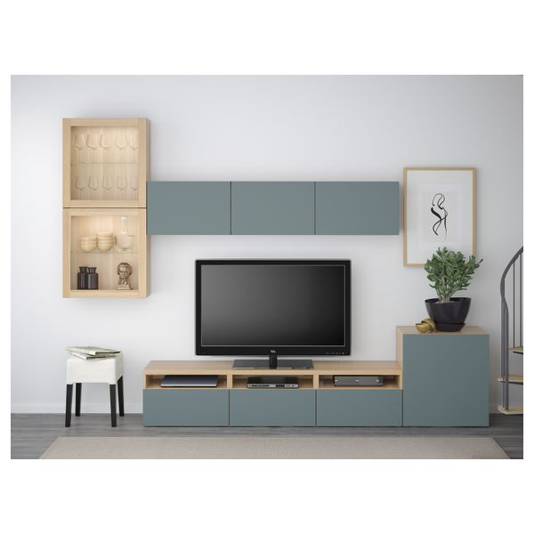 Шкаф для ТВ, комбинированный, стекляные дверцы БЕСТО, под беленый дуб, Вальвикен серо-бирюзовый, прозрачное стекло - фото 2