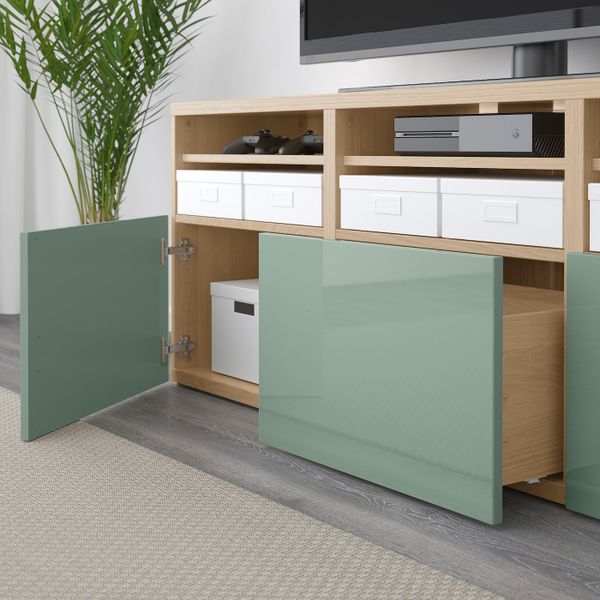 Шкаф для ТВ, комбинированный, стекляные дверцы, под беленый дуб Сельсвикен, глянцевый/серо-зеленый светлый прозрачное стекло, - фото 2