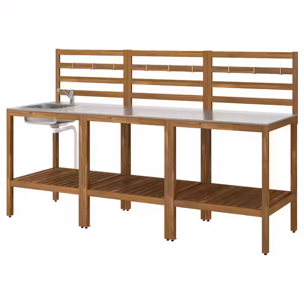 NÄMMARÖ Кухня с мойкой, для улицы - светло-коричневая морилка/нержавеющ сталь 240x62 см - фото 1