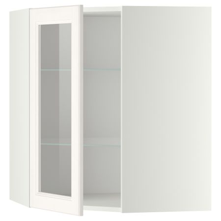 Угловой навесной шкаф с полками, стекляными дверцами МЕТОД, белый, Лаксарби белый