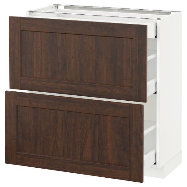 Напольный шкаф/2фасада/3ящика, белый/Эдсерум коричневый 80x37 см IKEA METOD МЕТОД / MAXIMERA МАКСИМЕРА 092.366.97 - фото 1
