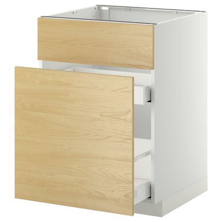 Напольный шкаф под мойку, сорт муcора, 1 дверца, 2 ящика МЕТОД / МАКСИМЕРА, белый, Тингсрид береза (60x60 см)