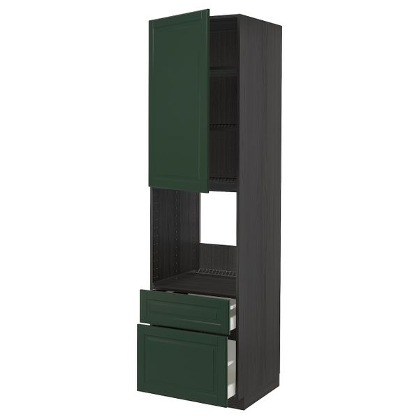 Высокий шкаф для духовки + дверца, 2 фронтальные панели, 1 средняя, 1 встроенный ящ, черный/Будбин темно-зеленый 60x60x220 см - схема-чертеж с размерами