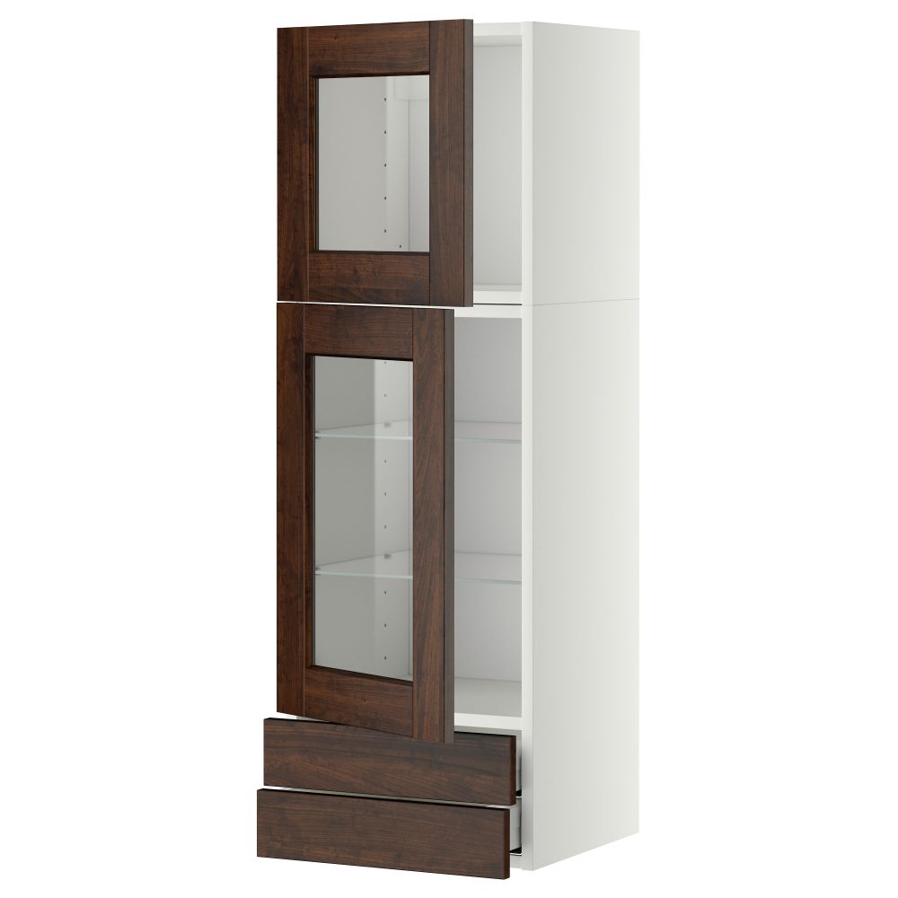 Навесной шкаф, 2 стеклянные дверцы, 2 ящика МЕТОД / МАКСИМЕРА, белый, Эдсерум коричневый - фото 1