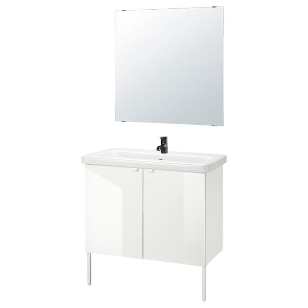 Комплект мебели для ванной,7 предм., глянцевый белый/Сальен смеситель 84x43x88 см IKEA FISKÅN ФИСКОН / TVÄLLEN ТВЭЛЛЕН - фото 1