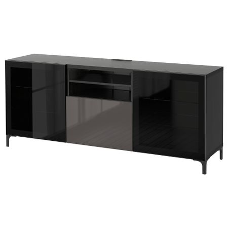 Тумба для ТВ с ящиками БЕСТО, черно-коричневый, Сельсвикен глянцевый/серый прозрачное стекло (180x40x74 см)