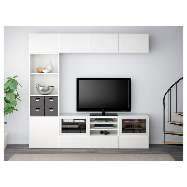 Шкаф для ТВ, комбинированный, стекляные дверцы БЕСТО, белый, Сельсвикен глянцевый/белый прозрачное стекло (240x40x230 см) - фото 2