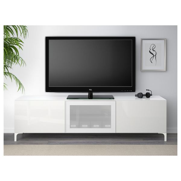 Тумба под ТВ, с дверцами БЕСТО, белый, Сельсвикен глянцевый/белый матовое стекло (180x40x38 см) - схема-чертеж с размерами