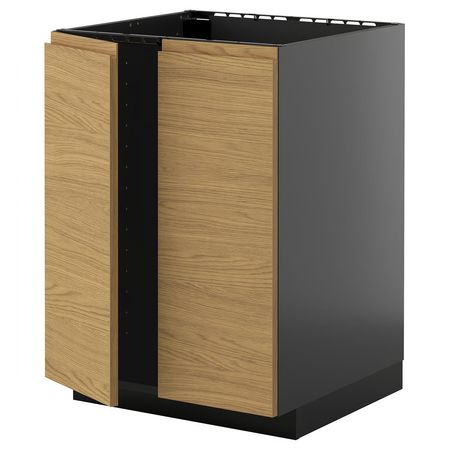 METOD Напольный шкаф для мойки+2 двери - черно-серый/Voxtorp под дуб 60x60 см