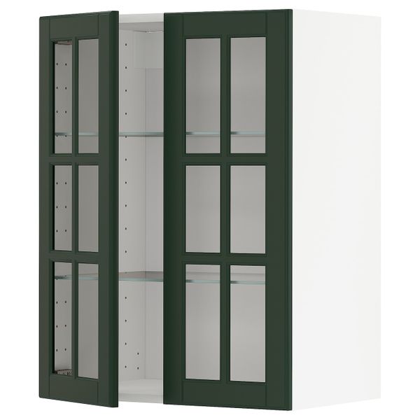 Навесной шкаф/полки/2стеклян двери, белый/Будбин темно-зеленый 60x80 см IKEA METOD МЕТОД 594.457.16 - фото 1