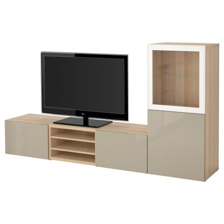 Шкаф для ТВ, комбинированный, стекляные дверцы БЕСТО, под беленый дуб, Сельсвикен глянцевый/бежевый прозрачное стекло
