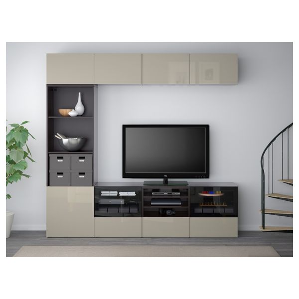 Шкаф для ТВ, комбинированный, стекляные дверцы БЕСТО, черно-коричневый, Сельсвикен глянцевый/бежевый прозрачное стекло - фото 2