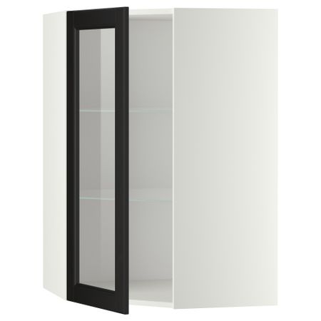 Угловой навесной шкаф с полками, стекляными дверцами МЕТОД, белый, Лаксарби черно-коричневый