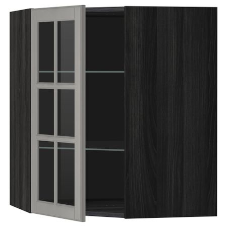 Угловой навесной шкаф с полками, стекляными дверцами МЕТОД, черный, Будбин серый