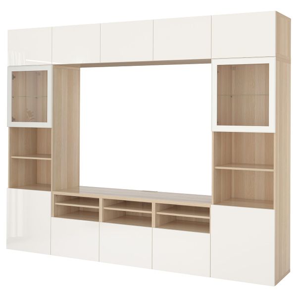 Шкаф для ТВ, комбинированный, стекляные дверцы, под беленый дуб/Сельсвикен глянцевый, белый прозрачное стекло 300x42x231 см IKEA - фото 1